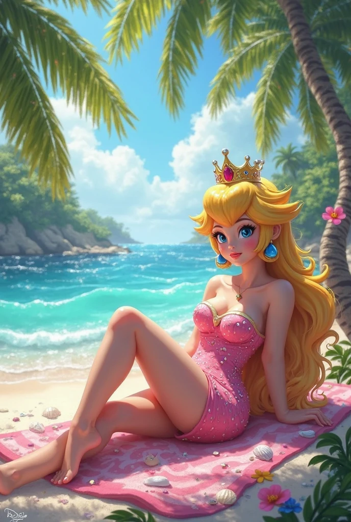 Princess Peach in a bikini showing her feet while sitting