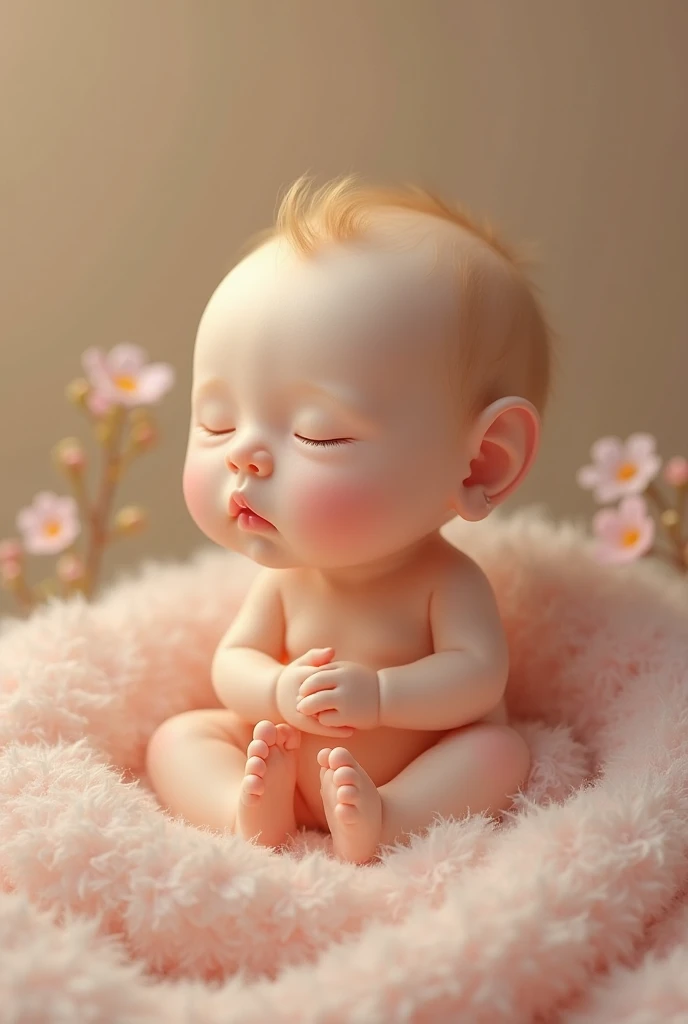 A serene newborn Chinese baby with eyes closed, white skin, and rosy cheeks, enveloped in a dreamy white blanket, surrounded by a cloud of rose petals and illuminated by a warm light from the side. --auto