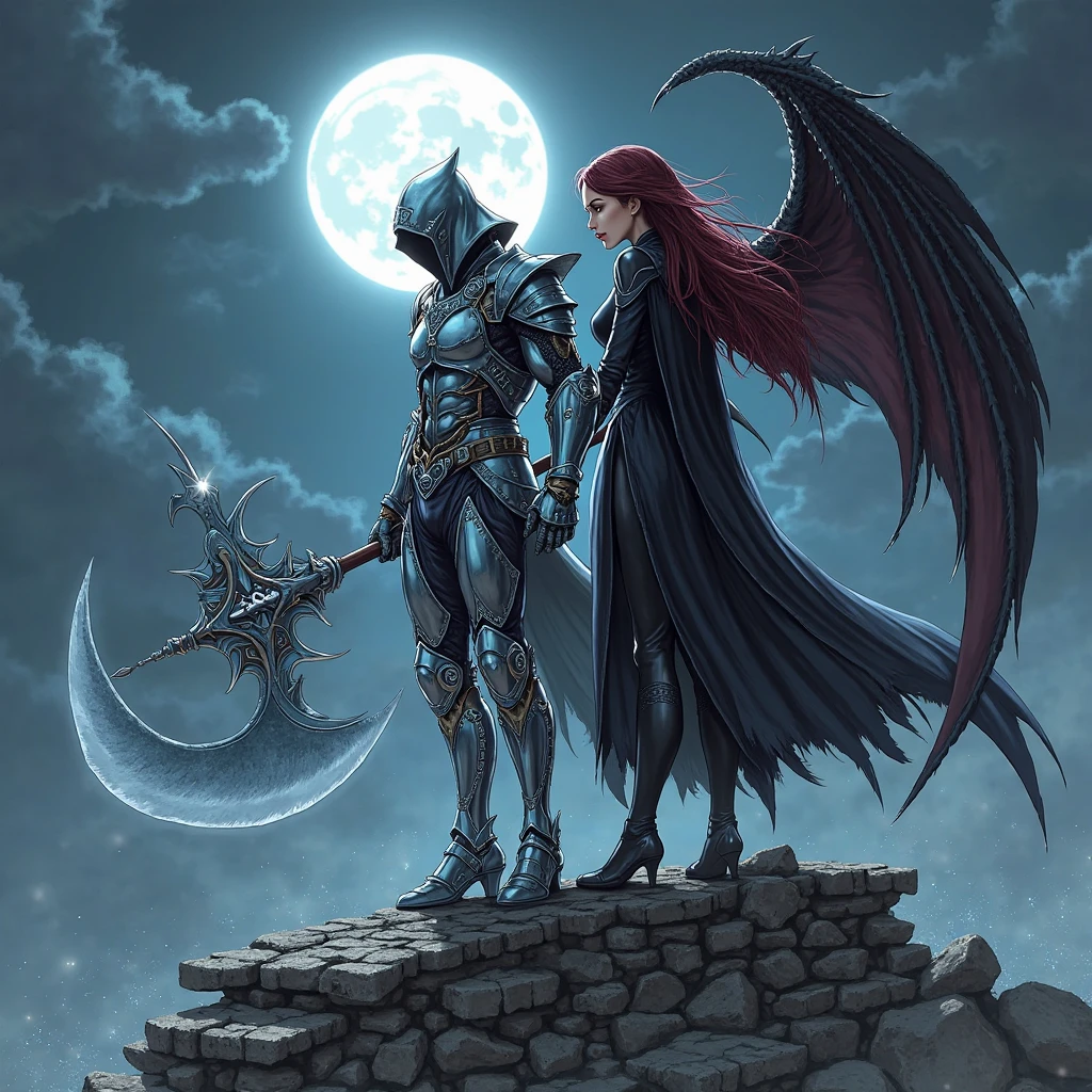 Dark harlequin with light hair, ворон на плече, and raven wings stands against the moon