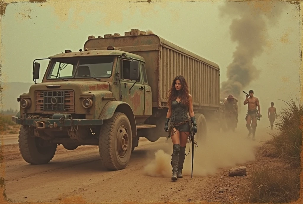 (Setting Holocaust Badlands (road warrior theme)) A bandit woman (Sofia Vergara, 25, scrap metal armor, sexy torn fishnet body stocking, tattoos) is riding a wasteland tank motorcycle (the front wheel is broad made of steel and has several spikes, big engine, smoke and fire exhaust, bone trim over metal frame, spikes, the rear wheel is an enormous tank tread, A cannon turret rises behind the driver, the handle bars have metal shielding to protect the driver from enemy bullets, many spotlights adorn the bike), Sofia is driving and pointing the cannon at the viewer (the vehicle she is chasing), cinematic quality, HD, action, adventure

