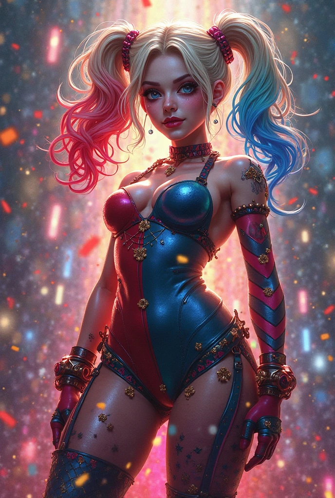 Harley Quinn amid Pastel Splashes, Harley Quinn twirls gracefully in a field of pastel splashes, creating a mesmerizing dance of colors.
Inspired by pop art and graffiti, Influenced by the works of Keith Haring and Roy Lichtenstein,Soft natural lighting, framing emphasizes the swirling colors around Harley.