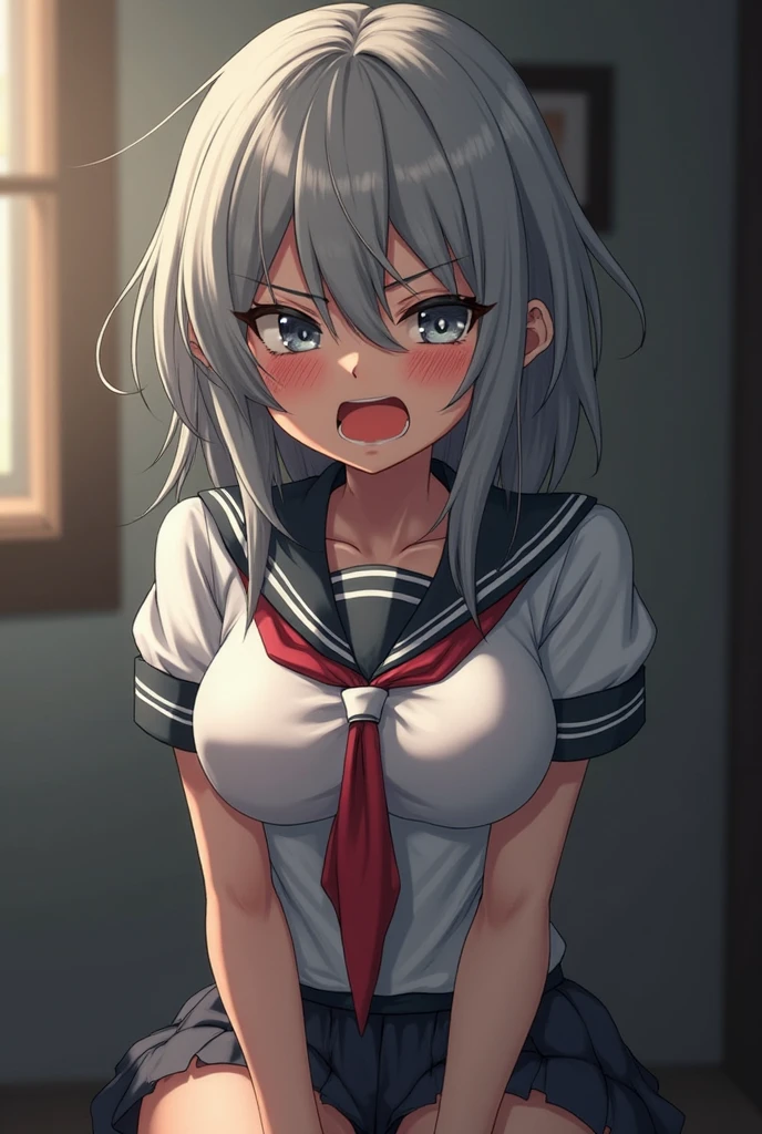 A woman is pushed down on the bed and looks embarrassed, on her back, wearing a sailor suit, breasts visible, skirt pulled up for sex, panties visible, missionary position, erotic face,POV, mouth wide open and screaming, face Blushing, pleasure face.