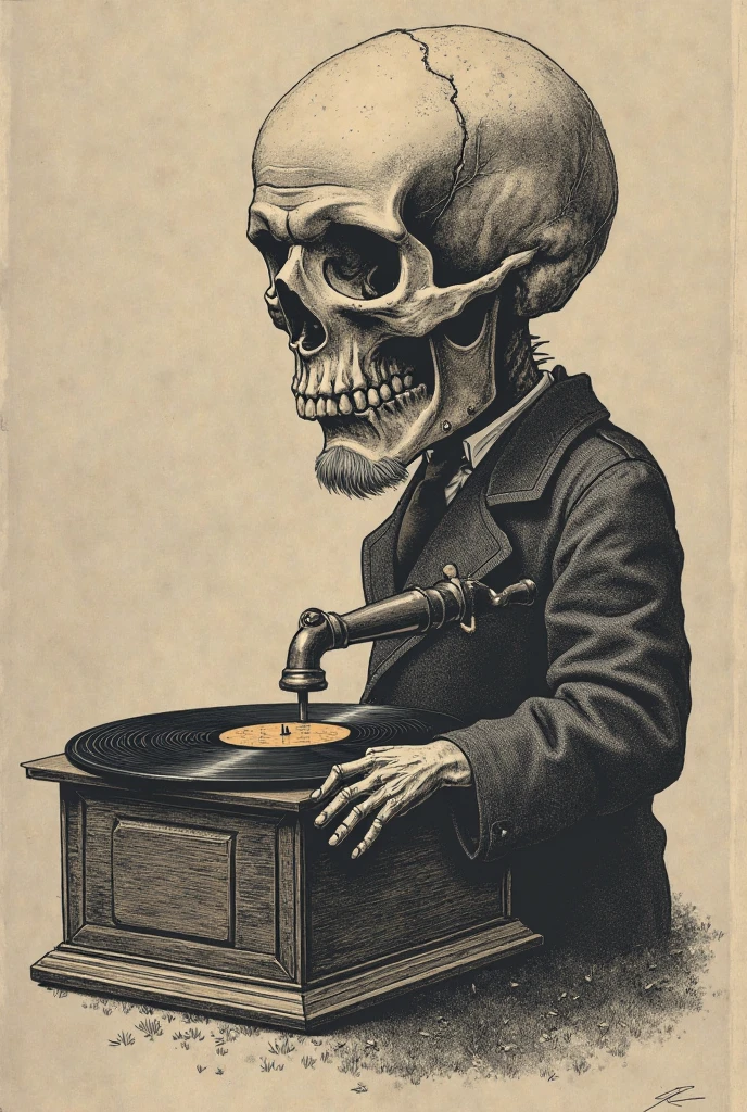(((Katsushika Hokusai))), ((The left half of the face is a skeleton)), Light colored sunglasses, Japanese pattern headphones, straighthair, Horror elements