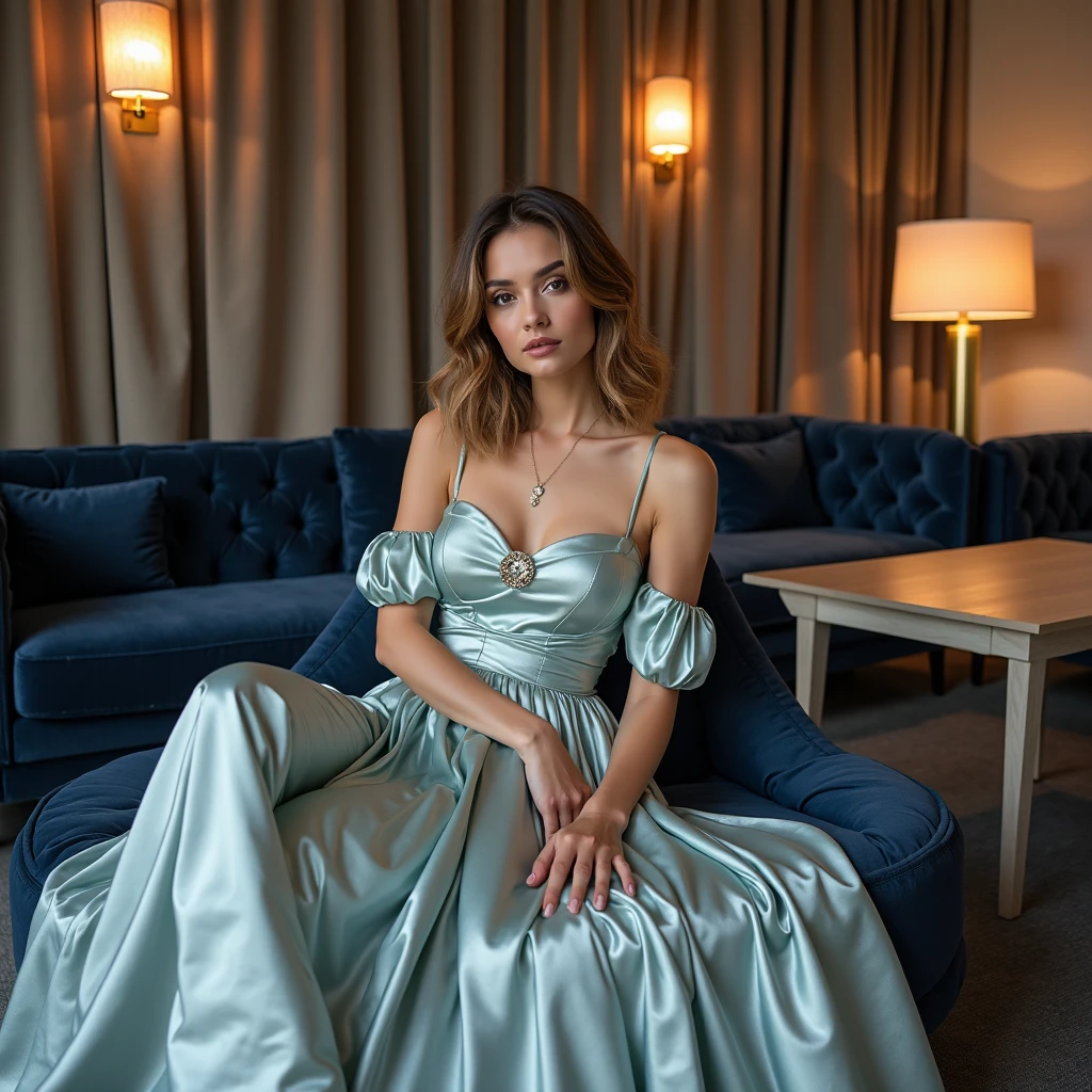 (realistic:1.3), finely detailed, quality, rembrandt lighting, (masterpiece:1.2), (photorealistic:1.2), (best quality), (detailed skin:1.3), (intricate details), dramatic, ray tracing, 1girl, french girl, 21 years old, detailed skin texture, (blush:0.5), (goosebumps:0.5), subsurface scattering, smiling, medium breasts, blonde hair, hair ornament, necklace, fortuny dress, blue dress, cowboy shot, (indoors, vintage aristocrat mansion, living room, cocktail party, luxurious decorations, warm lighting), <lora:1907_Fortuny_v2:1>