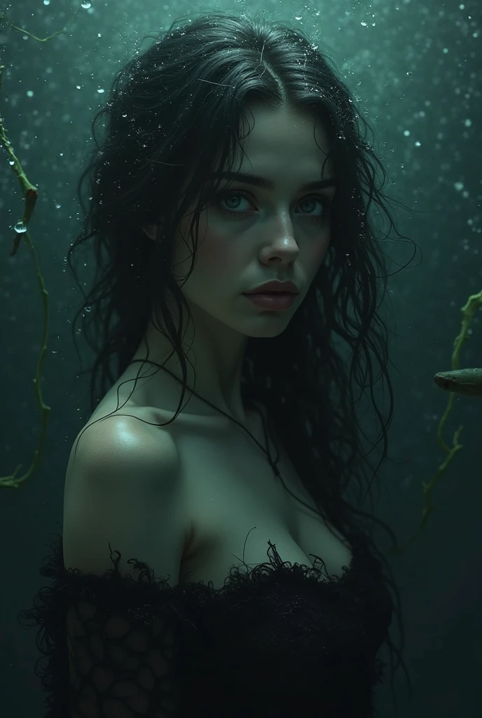 solo, female, silver rings, extremely long dark green hair, refracting eyes, long eyelashes:1.2, thin waist, curvaceous, seaweed bikini, extremely pale, mermaid, ear fins, seaweed skirt, gills, sinister, horror atmosphere, very dark, deep sea, ((undead)), abyssal, close up, swimming, seductive smile, very large breasts, decrepit jewelry, decrepit gown, pinup pose