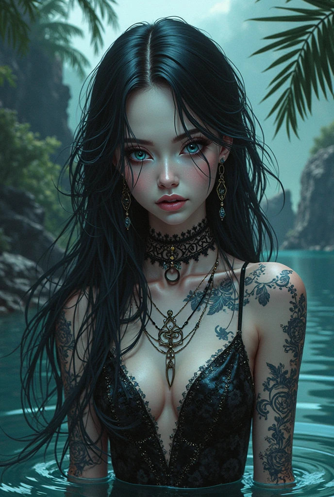 crystal style art, full body a very beautiful attractive woman 1 with black hair, attractive white long legs, happy smile, inspired by Ryan Barger, fantasy art, sakimichan frank franzzeta, a sexiet woman's face is one third covered with impressive unique tattoos, greg rutkowski, beautifully infected, gamora, vivid colors surreal intricate details 8k