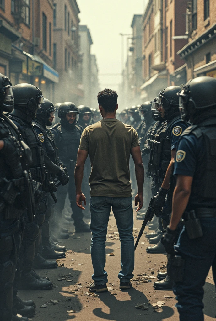 Brazilian mixed race police officer, strong bearded young man in military tactical police uniform, Lottery, elite, boina preta, armed, searching by opening the shorts of a shirtless man, shorts and flip flops, standing, with legs open and hands raised behind the head.