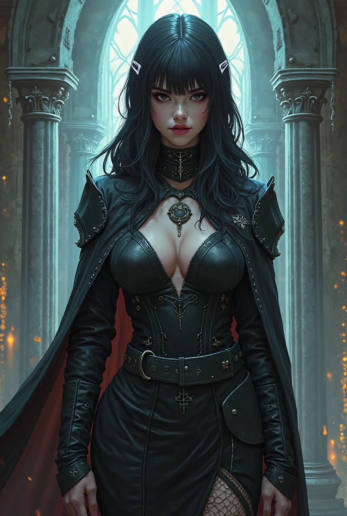 a detailed image of Vengerberg's character Yennefer, played by actress Anya Chalotra, with a piercing and intense gaze. Her black hair in the wind, dancing with the magical energy that surrounds her. Wearing Yennefer's iconic and original outfit, every detail is meticulously depicted. The image depicts Yennefer full-length in a background of a medieval city fleeing in flames, symbolizing the chaos and destruction that surrounds her --auto --s2