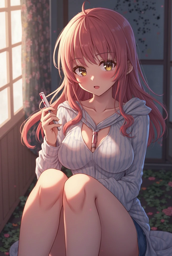 (highest quality)), ((masterpiece)), (Familiar), Perfect Face,Shiny skin,Beautiful breasts,Kyoto Animation style drawing,Shiny skin、hoodie、Sunburned skin、Sweat、Off the shoulder、Double teeth
、Short Hair、Twin tails、Pink Hair、Young、Big Breasts、Embrace、hot spring、dark skin、close、near、Having popsicles、night、