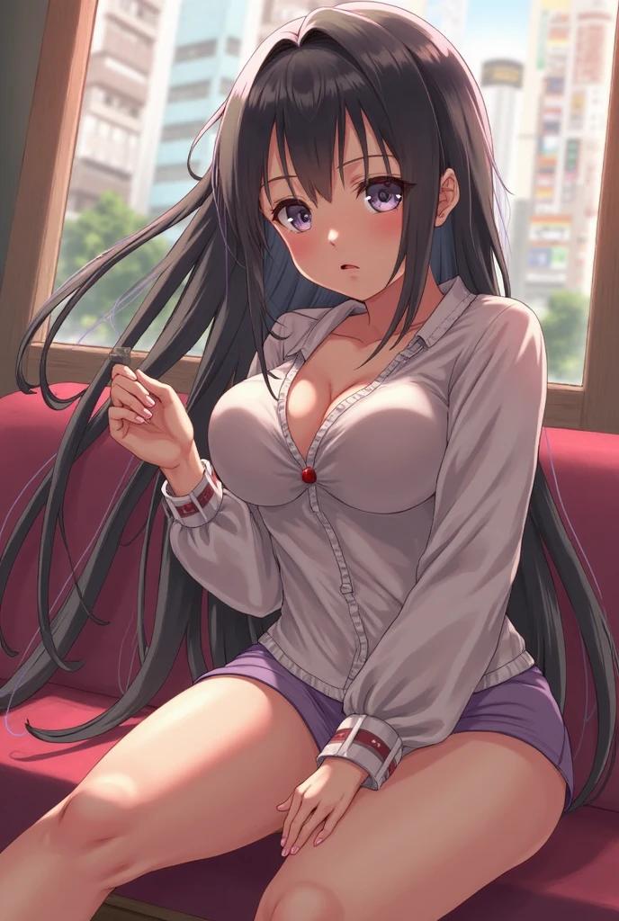 Amazing Chitanda, There is only one beautiful girl,Purple Eyes, Black Hair, Very red face,Very white skin,Glowing skin,Skin as delicate as porcelain,Naturally straight hair, Straight bangs,Extremely refined,Open lips,Long flowing hair,Beautiful Girl, Like a dream,Slim,Slim waist,Soft, (Sensual), (Kawaii), Dream quality,Beautiful big breasts,Half of the areola is exposed,Wearing dark school uniform,Deep V neckline,Loose neckline,Wide neckline,On the train,Carrying a shopping bag,no pants,Bare shoulders,Bare neck,Exposed collarbone,Exposing breasts,Exposing breasts side,Show your waist,Show your buttocks,Show your thighs,Exposing the groin,No pants,extremely shy,Ultra-high resolution, (masterpiece:1.2, best quality), (Delicate and beautiful eyes: 1.2), (Beautiful and delicate face)