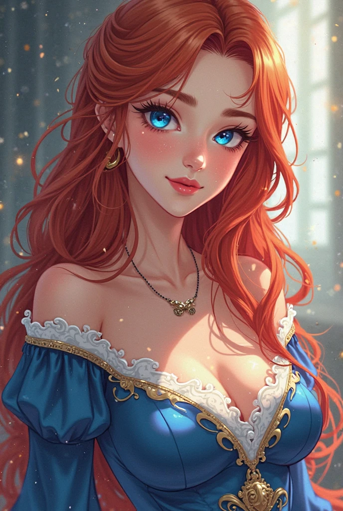 tall woman(Long red hair worn in loose waves; blue eyes; large breasts; pale skin; blushing); college girl; Disney-style cgi, casual attire; in a lounge room; dim incandescent lighting; best quality; trending on artstation; complex volumetric lighting; strong shadows; artistic lighting; dynamic; energetic vibe; realistic skin; specular highlights; micro-textures; finely detailed hair