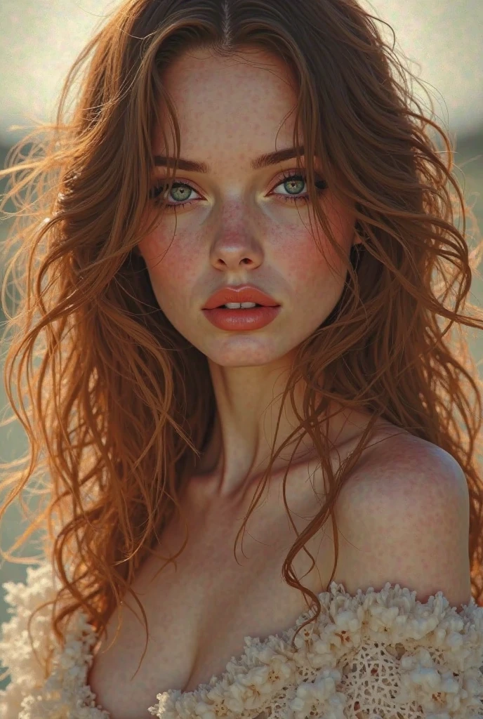 (full body shot:1) photorealistic image of a (standing pose:1) woman, ultrarealistic, photography, long red hair, woman, 24 years old, hourglass figure, perfect body, Flirty look, natural medium breasts, blur background, Deslumbrante cabello rubio súper long y sedoso、dancing in front of a pretty face、long, silky bangs that cover the space between the eyes very beautiful, bright,、very big eyes、Hair that hides the face.、Mujer joven y bonita sexy con flequillo súper long、pure white skin、cheek glow highlight, topless, showing naked breasts,white micro thong