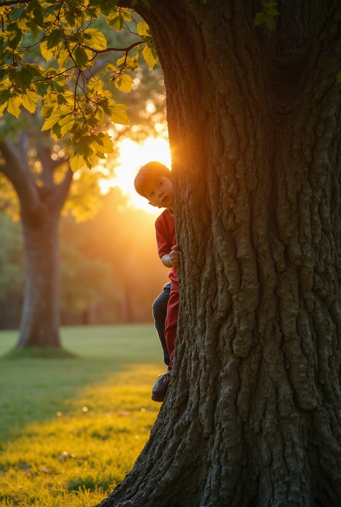 Real image of a nine-year-old boy alone and thoughtful, focusing your gaze of imagination under the shade of a small tree without flowers or fruit, more than there are green leaves. 