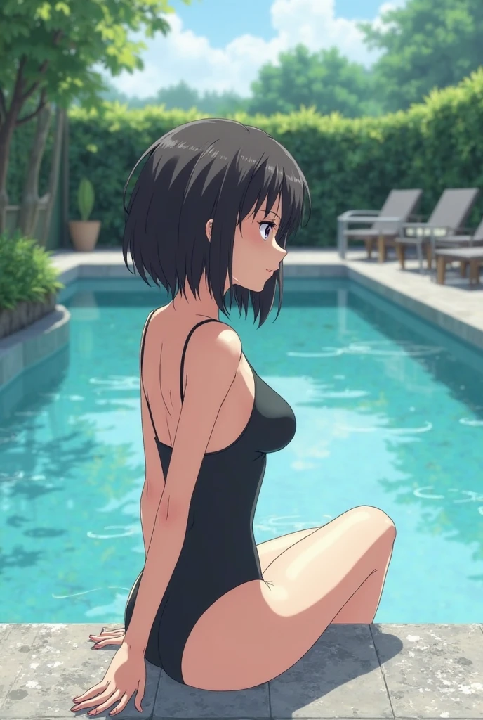 1 girl posing,sitting on a ladder, perspective from above,semi naked,in underwear, slippers, naked, nude, no clothes