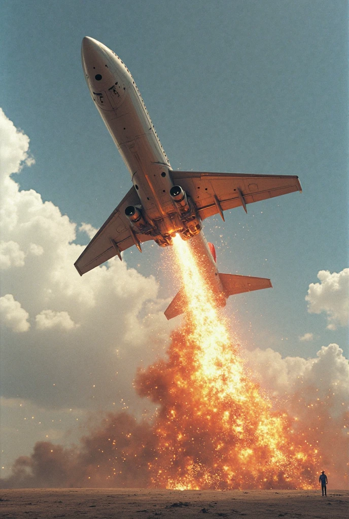 A burning car, shaped like a dog, is parked on the runway. In the background, a green and white plane has just taken off, rising into the sky and leaving a trail of smoke. The image highlights the contrast between the intense fire and the calm of the plane in motion.