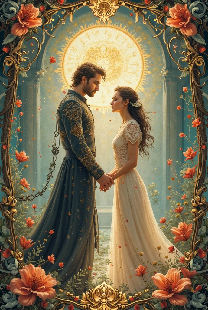 Couple a man and a woman, Neels Visser is a prince who has golden blonde hair, wears a medieval military outfit and is in love with the commoner Lily Collins, who has curly brown black hair and wears a red dress, they kiss very affectionately, illustration of a romance book cover with a detailed background, smooth, bright full of ivy-covered flowers and red roses, ornate dress standing on a bed of roses, rim light, dynamic lighting, ethereal lighting, ultra detail, concept art, elegant, surreal, art by Lisa Aisato, Greg Hildebrandt, Citemer Liu, Stjepan Sejic, Samyang, Aykut Aydogdu, Justin Gerard, Alphonse Mucha, Artgerm, WLOP and Greg Rutkowski