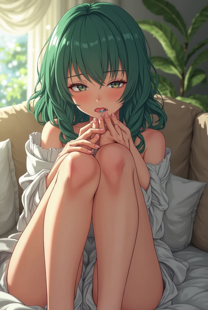 masterpiece, best quality, 1girl, tatsumaki, one-punch man, green hair, green eyes, small breasts, off-shoulder sweater, black pantyhose, indoors, fancy chair, depth of field, cinematic lighting, dynamic pose,