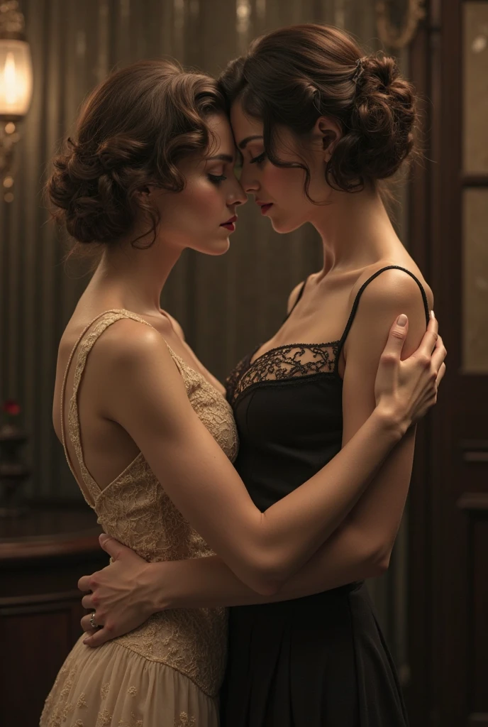 2 women kissing, they are Kate Winslet and Evan Rachel Wood, on a fancy ship, wearing lace lingerie, mayor's eyes, perfect arms, 45yo beauties