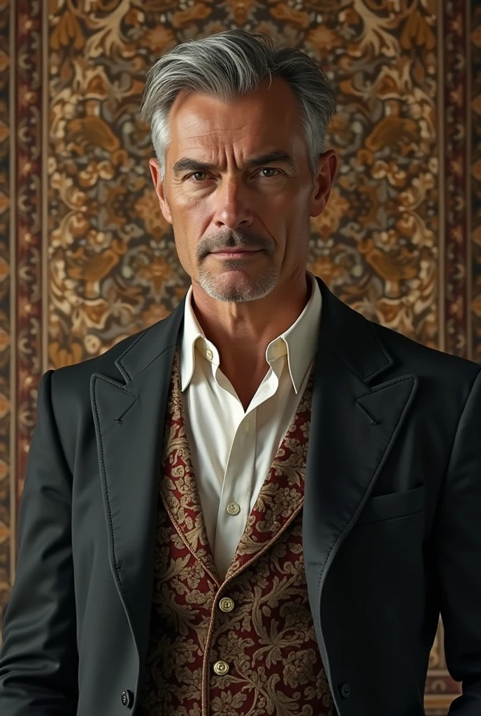 a wealthy old man sitting on a sofa, behind him a luxurious room with beautiful decoration, detailed portrait, photorealistic, high quality, intricate details, chiaroscuro lighting, dramatic lighting, rich color palette, luxurious interior, elegant furniture, fine art, masterpiece