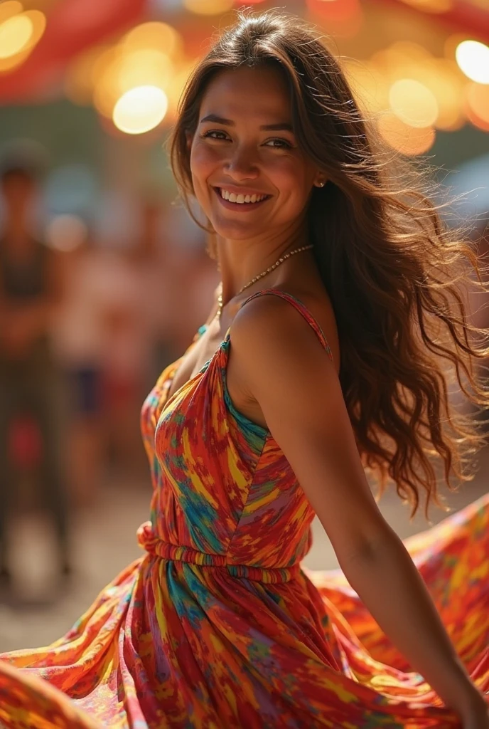 A sexy woman, skipping along the sidewalk carefree, dancing with a sexy outfit. Her long flowing hair is beautifully styled, cascading down her back. She is radiating confidence and allure as she moves gracefully. Her eyes are alluring and captivating, with a hint of mischief. Her lips are full and seductive, inviting you to join her in this fun-filled moment. The scene is bathed in the warm golden light of the setting sun, casting a flattering glow across the woman's figure. The vibrant colors of her outfit pop against the urban backdrop, adding an extra touch of excitement to the scene. The streets are lined with tall buildings, bustling with energy and movement. Pedestrians go about their day, but it is the woman who steals the spotlight with her carefree dance. The artwork is a stunning mixture of digital illustration and photography, blending the lines between reality and fantasy. The details are exquisite, with every strand of hair, every fold of fabric, and every crease on the sidewalk rendered with precision and depth. The image is in high resolution, capturing every nuance and enhancing the sense of realism. The overall effect is vibrant and visually striking, drawing the viewer into the world of the woman's joyful dance. The art style is a fusion of contemporary and sensual, celebrating the beauty and confidence of the woman. It exudes an air of sophistication and empowerment, capturing the essence of her carefree spirit. The colors are rich and vibrant, ranging from bold and vivid to soft and romantic. The lighting accentuates the woman's features, highlighting her curves and creating a sense of depth and dimension. In this artwork, the woman becomes the focal point, exuding sensuality and confidence with every move. Her carefree dance symbolizes liberation and self-expression, inviting the viewer to embrace their own and joy. The overall atmosphere is one of excitement and celebration, capturing a moment of pure bliss and vitality. Keywords: