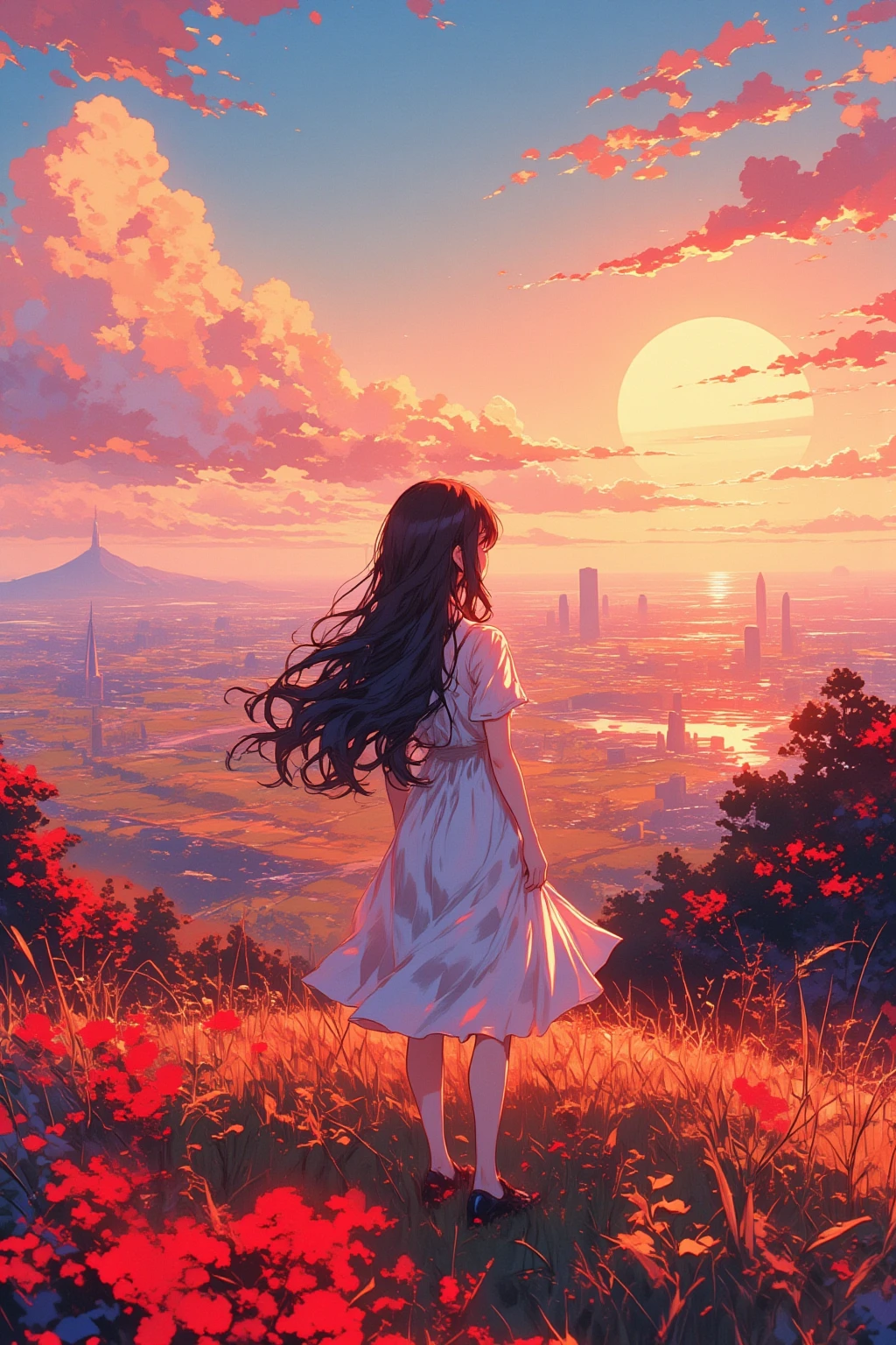 A stunning wide view image of an anime Young woman looking at the vast plain, countless of grass and colorful flowers, dreamlike sky, fluffy clouds, vibrant sunset colors, gentle breeze blowing through her hair,  , elegant flowing dress, surrounded by a peaceful and enchanting atmosphere, soft natural light illuminating the scene, creating a magical and surreal ambiance. (best quality, ultra-detailed, photorealistic:1.37), anime style, pastel color palette, ethereal lighting