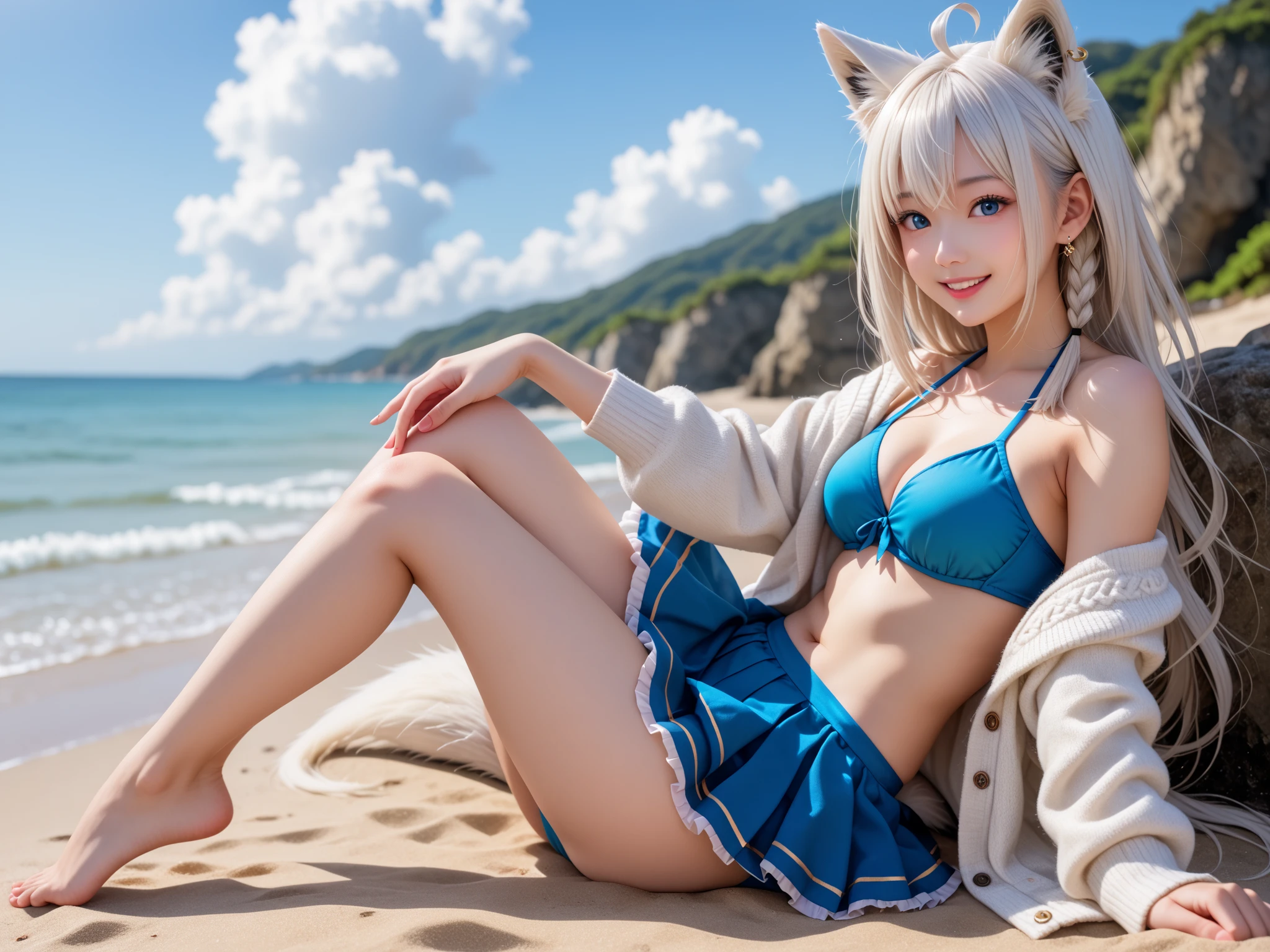 17-year-old girl、Baby Face、Classmate、whole body、(Tiger print underwear、White Tigerの毛皮:1.5)、(Fluffy underwear、Small ribbon、See-through)、Spread your legs、(camel toe)、Small breasts、(smile、Perfect white teeth)、bangs、Long Hair、(White Tiger、Fox Ears、Silver Hair、Crystal clear hair、Smooth Hair:1.5)、The light illuminates my hair、Light Hair、Silky Hair、Shiny Hair、Slim body、RAW Photos, (Highest quality、masterpiece、Realistic photo:1.2)、Dramatic lighting、Bright lighting、Super detailed、Realistic skin texture、Beautiful eyes in every detail、Blue colored eyes、Bamboo forest、Chinese bamboo forest、(Detailed Background、Depth of written boundary:1.2)、