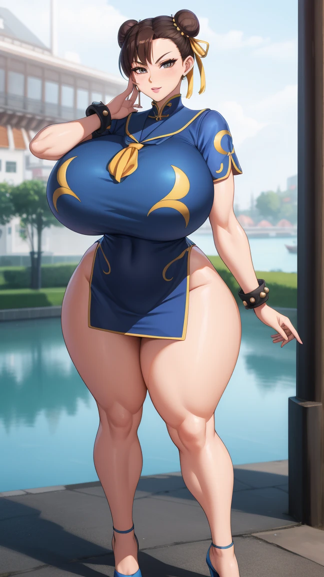 Chun-Li, 1 girl, perfect face, perfect eyes, looking at viewer, short hair, brown hair, puffy lips, thick lips, wide hips, thick thighs, craving lust face, mature mom, looking at viewer, brown eyes, outdoors, japanese garden, blue chinese dress, skintight, bare shoulders, thigh highs