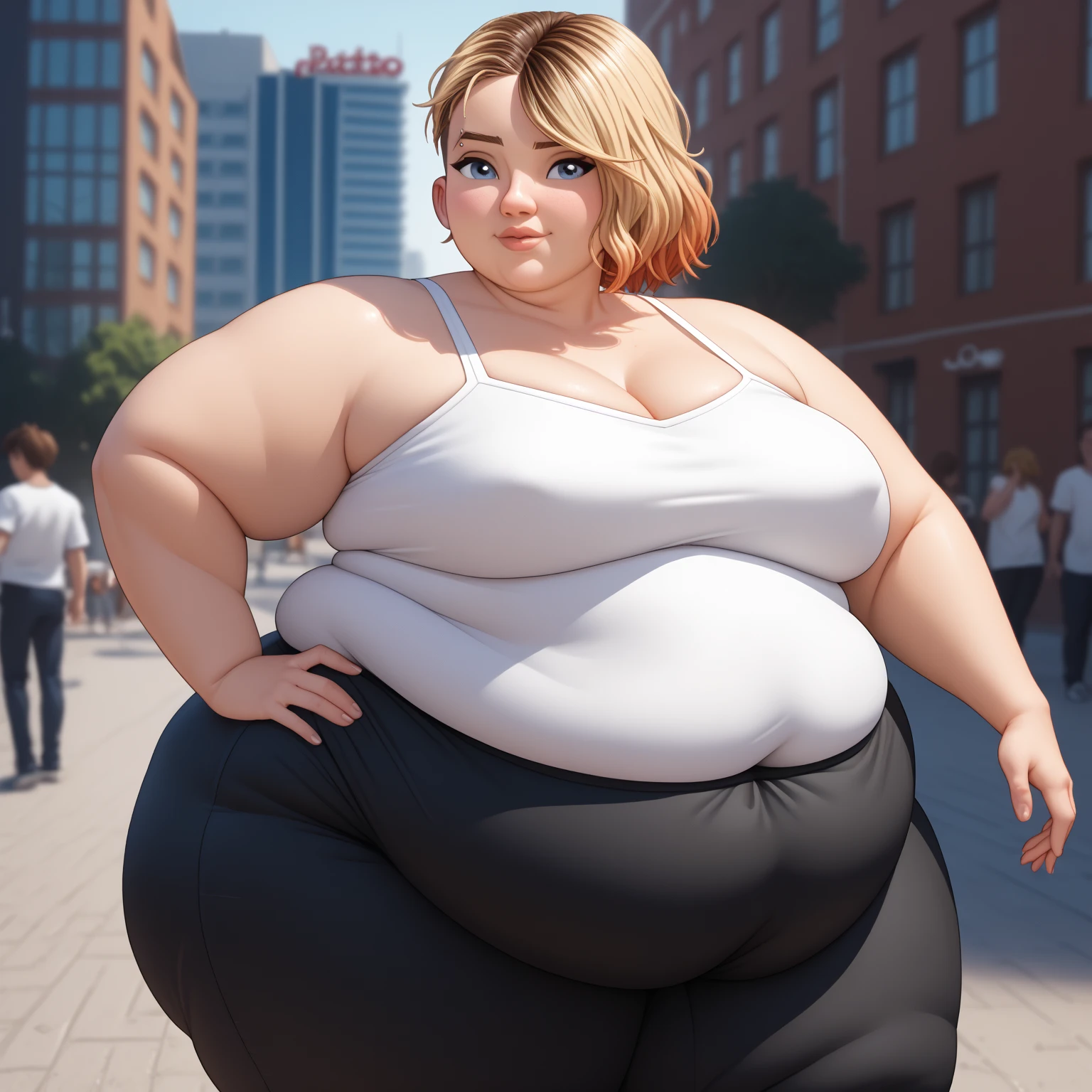 (masterpiece, detailed, realistic:1.2), high aesthetic, beautiful young woman, USSBBW, (morbidly obese, fatblob:1.3), colledge girl, crowded party, holding drink, open smile, skimpy clothes, blonde braided hair