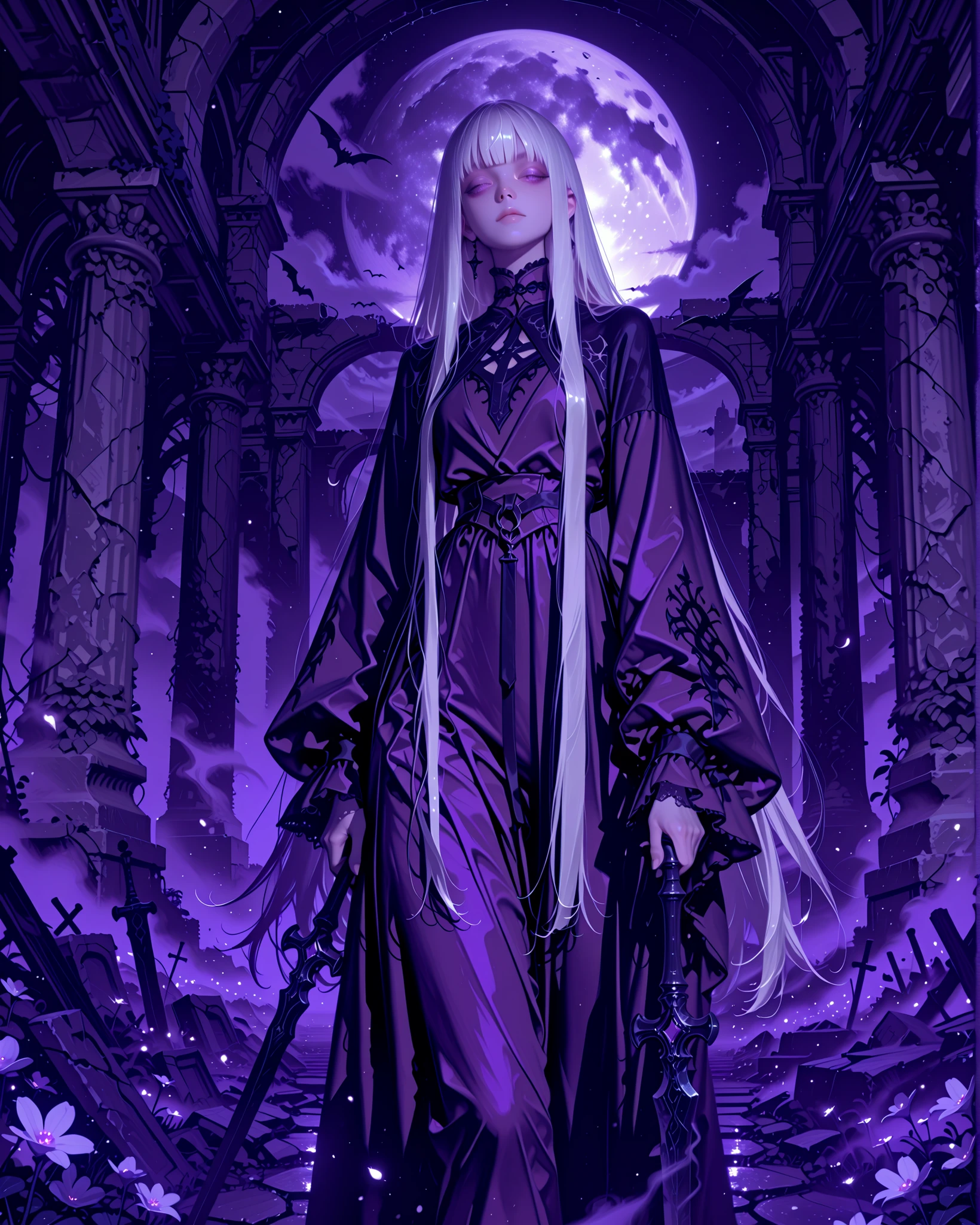 “A pale-skinned girl with extremely long white hair and straight bangs, wearing a silky purple outfit that drapes naturally. She is gently holding a bat in her arms. The scene is set under soft moonlight in ancient ruins located in an open field. A light mist and fog drift across the scene, enhancing the ethereal atmosphere. The mood is mystical, serene, and slightly gothic. The lighting highlights the softness of her hair and the delicate texture of her outfit.