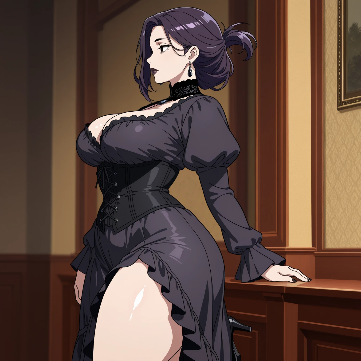 (highres, high quality:1.3), intricate details, vibrant image, sharpness, colorful,
luluffx, mature female, 1girl, solo, standing, , front view, , indoors, palace,
black hair, single hair bun, (hair over one eye, one eye covered:1.1), lipstick, makeup, detailed hair, purple necklace,
off-shoulder dress, black dress, strapless, fur trim, black gloveultiple belts:1.1), (black thighhighs:1.1), garter straps, (high heel boots:1.1),
curvy, thighs, gigantic breasts, covered ass,