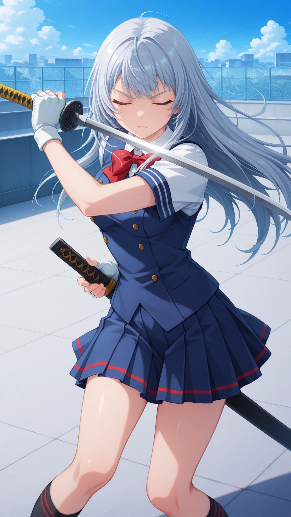 masterpiece, top quality, great quality, Hi-Res, 非常にhigh res, very aesthetic, high res, super detailed, perfect details, 1girl, solo, Outdoors, melew, rooftop, school, Super Cloud Shiryu, long hair, gray hair, side lock, whispy bang, closes her eyes, Short sleeve, white shirt, collared shirt, Navy Blue Vest, Red Bowtie, white gloves, fingerless gloves, navy blue skirt, pleated skirt that awakens to expressiveness, Black Socks, knee-length socks, brown footwear, loafers,  (upper body), viewers staring sharply, (anime coloring:1.2), serious, (Pose:1.1), drawing Sword, Sword, , holding Sword