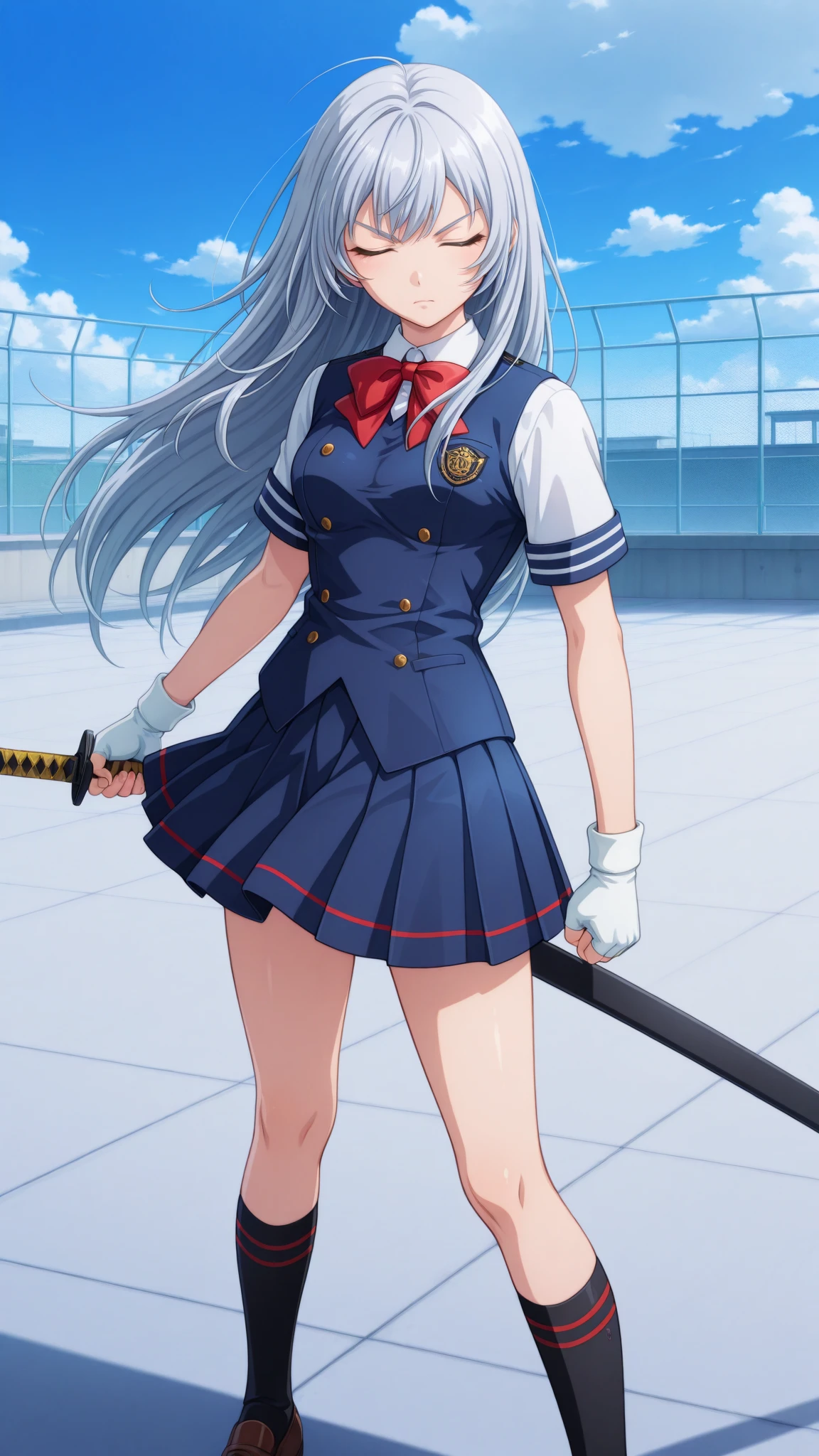 masterpiece, top quality, great quality, Hi-Res, 非常にhigh res, very aesthetic, high res, super detailed, perfect details, 1girl, solo, Outdoors, melew, rooftop, school, Super Cloud Shiryu, long hair, gray hair, side lock, whispy bang, closes her eyes, Short sleeve, white shirt, collared shirt, Navy Blue Vest, Red Bowtie, white gloves, fingerless gloves, navy blue skirt, pleated skirt that awakens to expressiveness, Black Socks, knee-length socks, brown footwear, loafers,  (upper body), viewers staring sharply, (anime coloring:1.2), serious, (Pose:1.1), drawing Sword, Sword, , holding Sword