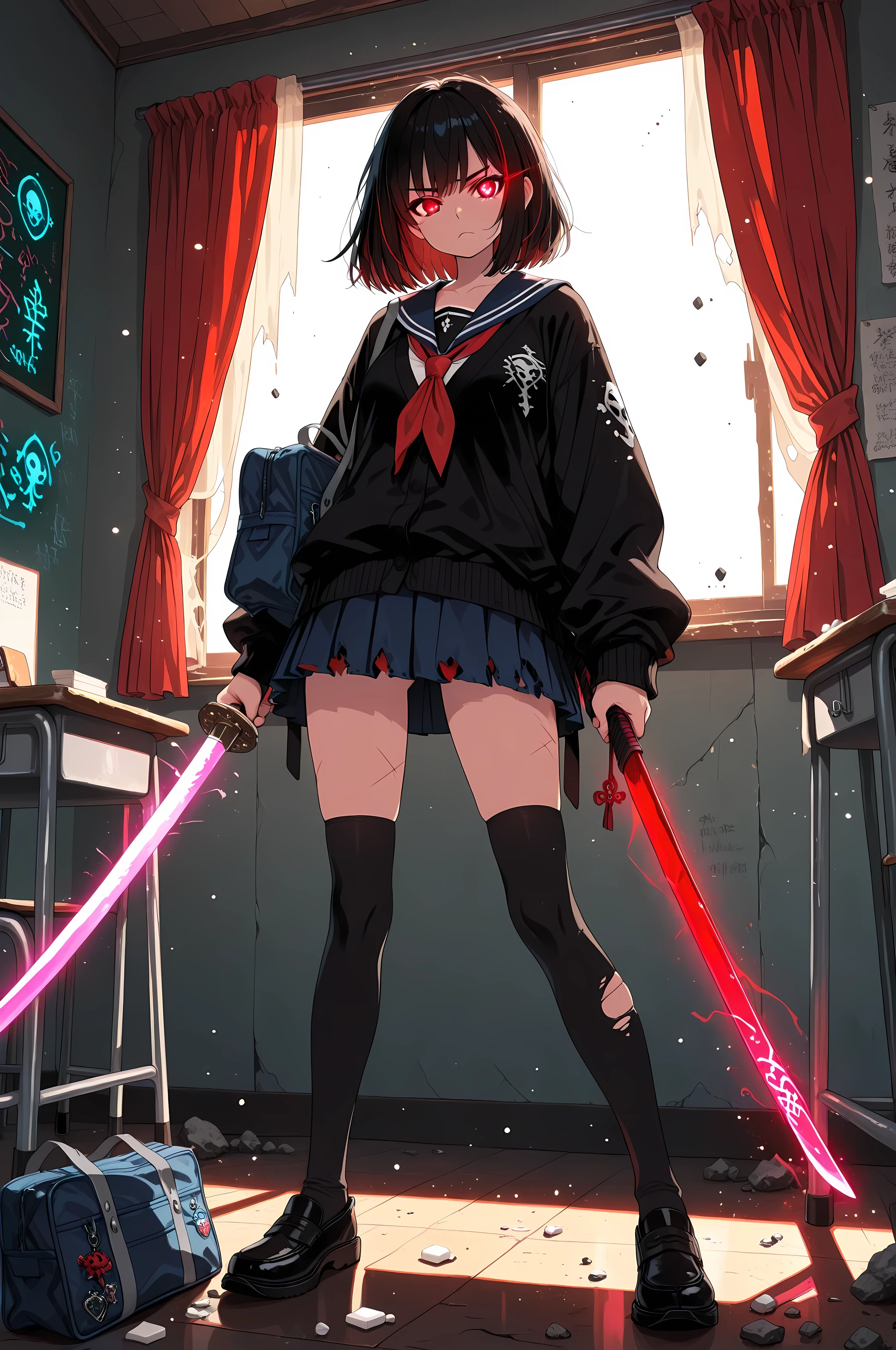(masterpiece, creative concept), anime style, full body portrait of a cool and determined Japanese high school girl swordswoman in a modern sailor school uniform, short pleated skirt fluttering with motion, loose necktie and oversized cardigan slightly torn from battle, thigh-high socks with faint scratches, glowing katana sheathed on her back with subtle magical runes, long black hair with red streaks, sharp focused eyes, standing confidently in front of a classroom blackboard covered with graffiti and chalk-drawn yokai seals, her school bag decorated with protective charms and talismans, glowing sunlight from the window casting dramatic rays, fluttering curtains, faint particles in the air, dreamy and heroic atmosphere, ultra detailed, masterpiece, best quality