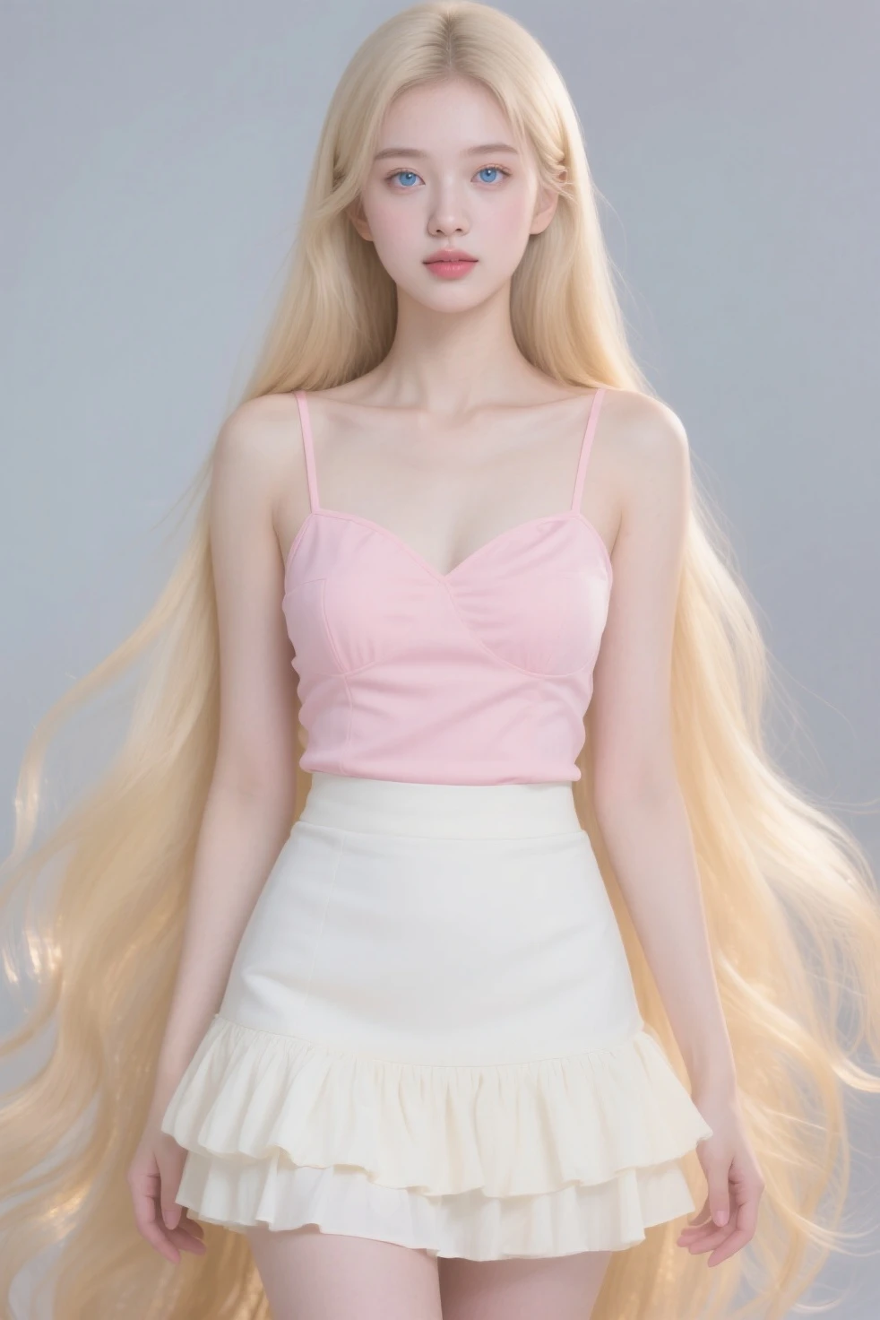 Lisa light yellow long hair, Lisa face shape, wearing a tight white T-shirt, open waist, light blue pleated skirt, long legs, masterpiece, superlative, realistic, HD, photography lighting, 16k