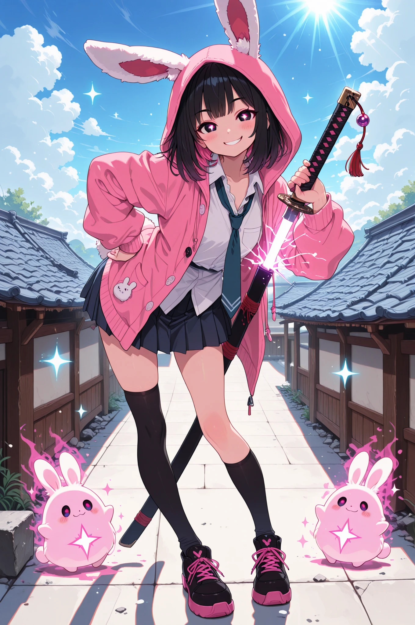 (masterpiece, creative concept), anime style, full body portrait of an adorable Japanese high school girl swordswoman wearing a fluffy -eared hoodie over a modern school uniform, short pleated skirt, oversized cardigan, loose necktie, and thigh-high socks, long black hair with pink highlights, sparkling big round eyes, soft blush and a cheeky smile, dramatically uning a sleek glowing katana with one hand while holding the  in the other, blade reflecting sunlight with magical spark effects,  ears flopping gently, dynamic pose with one leg stepping forward and skirt fluttering, rooftop setting with blue sky and scattered clouds, magical particles swirling around, confident and playful aura, ultra detailed, best quality, masterpiece