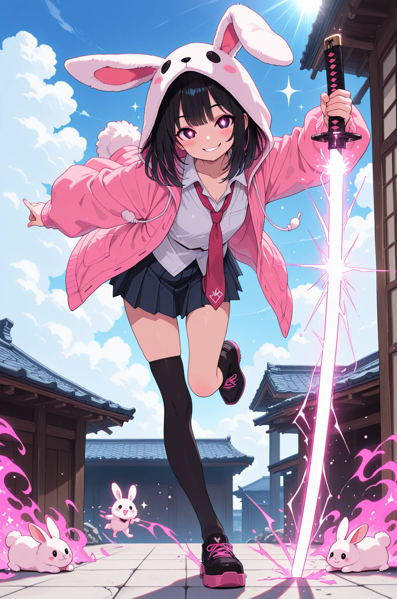 (masterpiece, creative concept), anime style, full body portrait of an adorable Japanese high school girl swordswoman wearing a fluffy -eared hoodie over a modern school uniform, short pleated skirt, oversized cardigan, loose necktie, and thigh-high socks, long black hair with pink highlights, sparkling big round eyes, soft blush and a cheeky smile, dramatically uning a sleek glowing katana with one hand while holding the  in the other, blade reflecting sunlight with magical spark effects,  ears flopping gently, dynamic pose with one leg stepping forward and skirt fluttering, rooftop setting with blue sky and scattered clouds, magical particles swirling around, confident and playful aura, ultra detailed, best quality, masterpiece