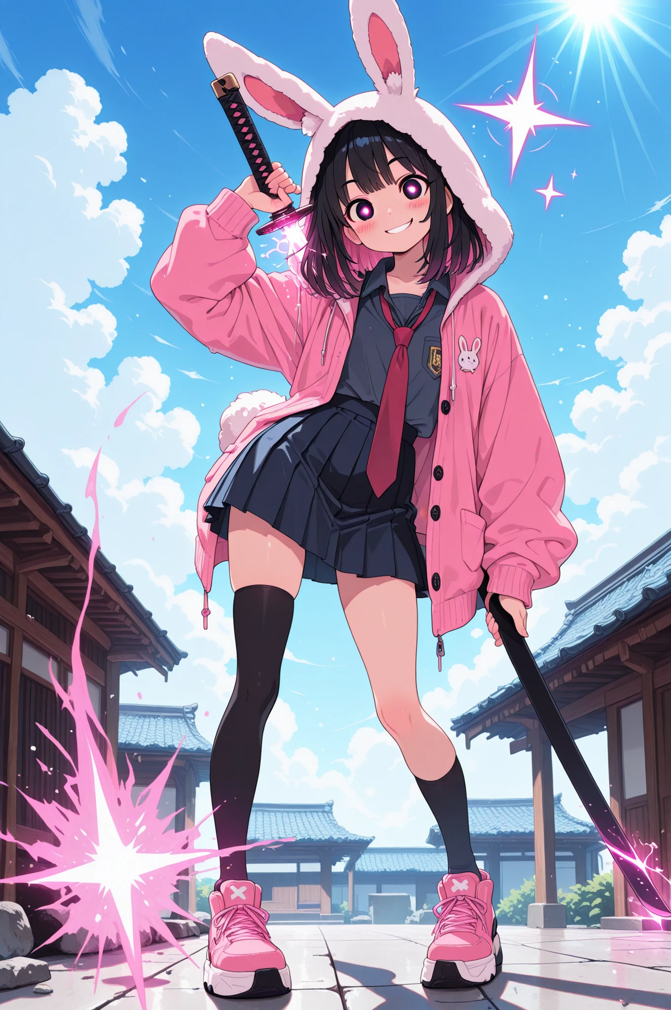 (masterpiece, creative concept), anime style, full body portrait of an adorable Japanese high school girl swordswoman wearing a fluffy -eared hoodie over a modern school uniform, short pleated skirt, oversized cardigan, loose necktie, and thigh-high socks, long black hair with pink highlights, sparkling big round eyes, soft blush and a cheeky smile, dramatically uning a sleek glowing katana with one hand while holding the  in the other, blade reflecting sunlight with magical spark effects,  ears flopping gently, dynamic pose with one leg stepping forward and skirt fluttering, rooftop setting with blue sky and scattered clouds, magical particles swirling around, confident and playful aura, ultra detailed, best quality, masterpiece