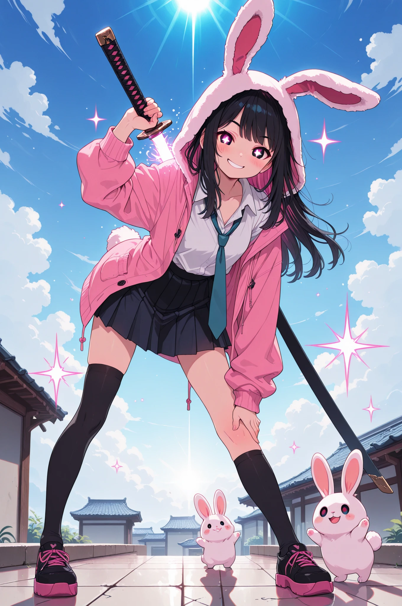 (masterpiece, creative concept), anime style, full body portrait of an adorable Japanese high school girl swordswoman wearing a fluffy -eared hoodie over a modern school uniform, short pleated skirt, oversized cardigan, loose necktie, and thigh-high socks, long black hair with pink highlights, sparkling big round eyes, soft blush and a cheeky smile, dramatically uning a sleek glowing katana with one hand while holding the  in the other, blade reflecting sunlight with magical spark effects,  ears flopping gently, dynamic pose with one leg stepping forward and skirt fluttering, rooftop setting with blue sky and scattered clouds, magical particles swirling around, confident and playful aura, ultra detailed, best quality, masterpiece