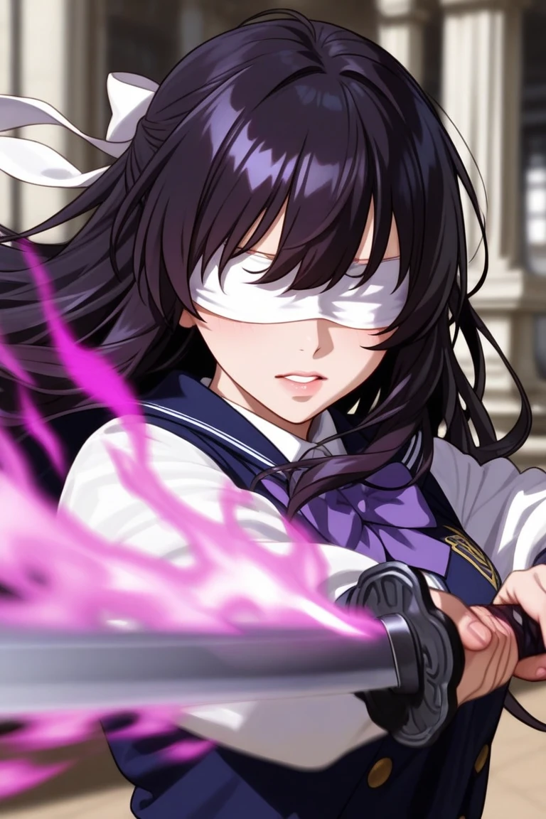 battle scene design、Pretty Woman Statue、school uniform costume、dark haired、white cloth blindfold、 silver sword 、Evil Purple Flame、Japanese sword、Big Battle Pose、depth of field、motion blur、school style background