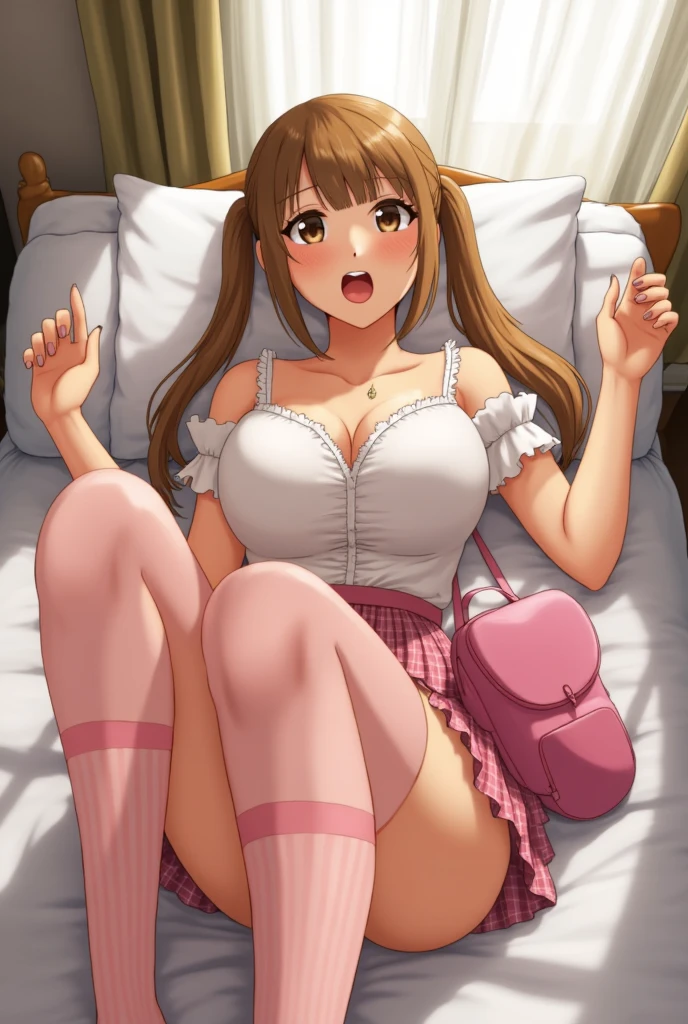 from above, cowboy shot, panty focus, (close-up:1.2), 16yo, baby face, 1girl, curvy, large breasts, kurata sayuri, kanon uniform, red uniform with white capelet, panties, (hands between legs:1.2), solo, feet, ass, barefoot, toes, soles, legs up, lying, on back, spread legs, presenting, spread ass, folded, smile, happy, one eye closed, Corridor, masterpiece, best quality, highly detailed