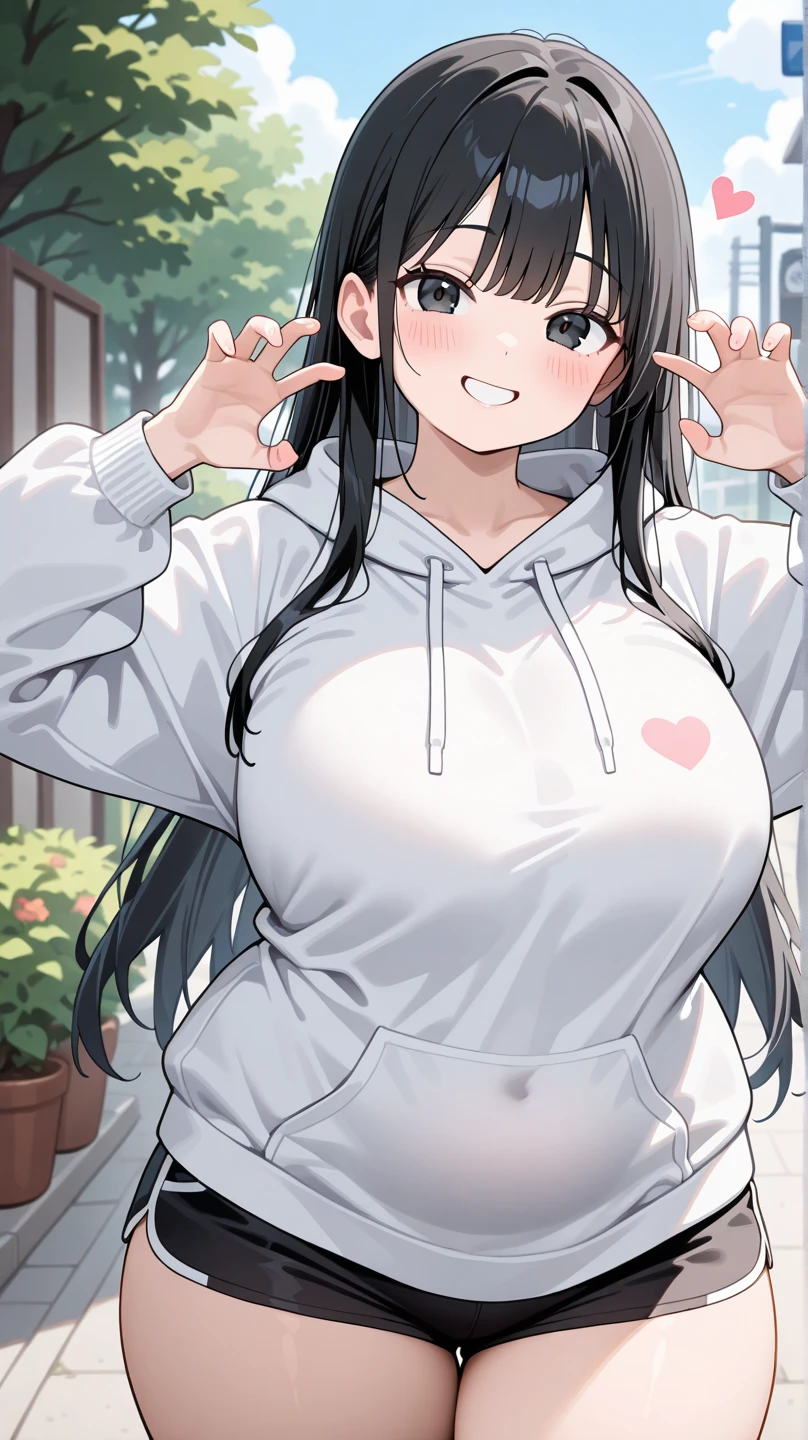 Best quality, high detailed, 8K quality, 4k resolution, stunning japanese female, 23 years old, white skin tone, random hair color, gorgeous face, ultra huge breast, curvy body, wearing Erotic Athleisure Sets - Matching joggers and hoodies, both functional and fashionable, playful expression, pose with both hands, random hairstyle, playful expression, pose with both hands, random hairstyle