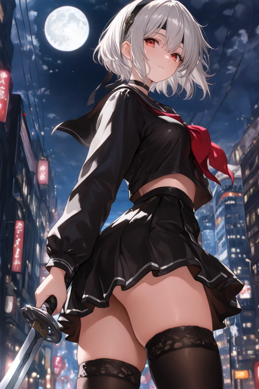 (masterpiece、top-quality、high resolution、Photorealsitic:1.2)、detailed faces and eyes、beautiful face、blue open sky, Realistic pupils、ultra detailed background、18 year old beautiful girl、ponytail, white hair, Shiny hair、Dynamic Poses、(troubled face)、Teary-eyes, in the pool, lay down, full body, earrings, ((nipples)), bare foot, light ray, bright sun, (blush) , embarrassed, early evening, breasts view, low angle, from below, (medium breasts), ((short black mini skirt)), (thighs thighs), (underboobs), bubbles_flying, bare shoulder, (()),