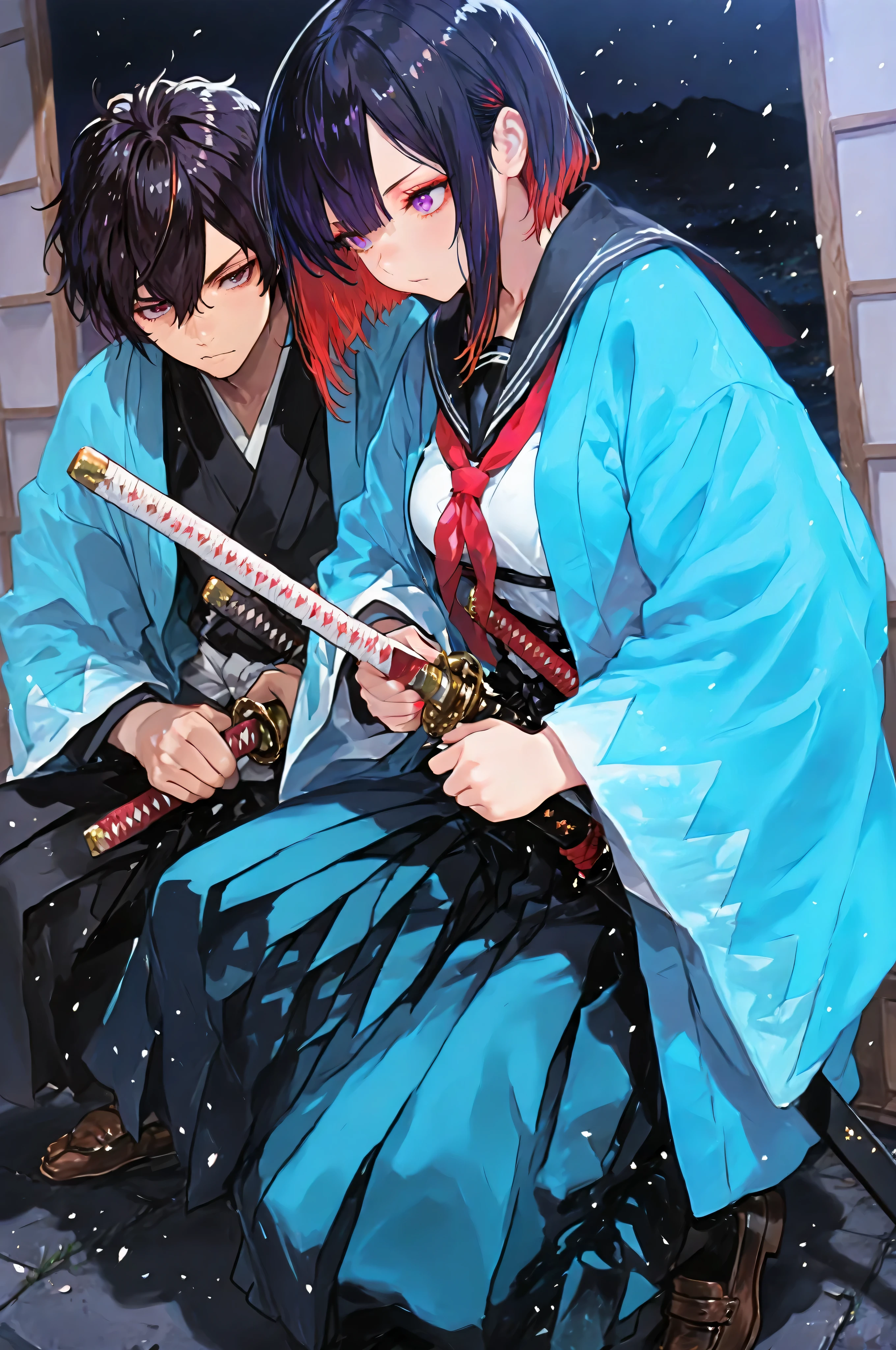 (1girl,1boy:1.4),748cmstyle,(top quality), (beautiful detailed eyes:1.2), ((beautiful girl)), medium breasts,
ShinsengumiUniforms,black hair, ((highlights hair, multicolored hair)),asymmetrical hair, (Kyoto at night:1.4),
high school girl, serafuku, Bakumatsu, Japanese sword, sharp eyes,(shinsengumi:1.4),
weapon, holding sword, battoujutsu, battoujutsu stance, ready to draw, sheathed, unsheathing, scabbard,
(Kyoto at night:1.4)