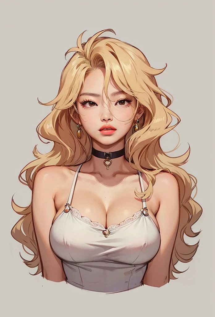 1girl, solo, tattoo, long hair, cleavage, jewelry, blonde hair, earrings, parted lips, looking at viewer, camisole, arm tattoo, black camisole, large breasts, upper body, bare shoulders, wavy hair, grey eyes,bad-girl, large breasts,shiny skin,(mature female),<lora:badgirl-test-lora-wdvae-6ep-resize:0.7>