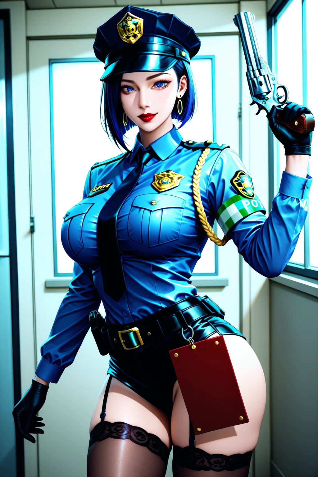 <lora:DOA5LR Ayane Police Costume :1>, DOA, Ayane, full body, (black police peaked cap:1.2), Police, cleavage, Midriffs, white shirt, front-tie top, (red eyes:1.2), short blue hair, Black High-waist shorts, (red belt:1.2), black fingerless gloves, black boots, (masterpiece:1.4), photorealistic, best quality, beautiful lighting, real life, natural makeup, ultra detailed face, ultra detailed eyes, intricate, high detail, sharp focus, dramatic, beautiful girl, (RAW photo, 8k uhd, film grain), caustics, subsurface scattering, reflections