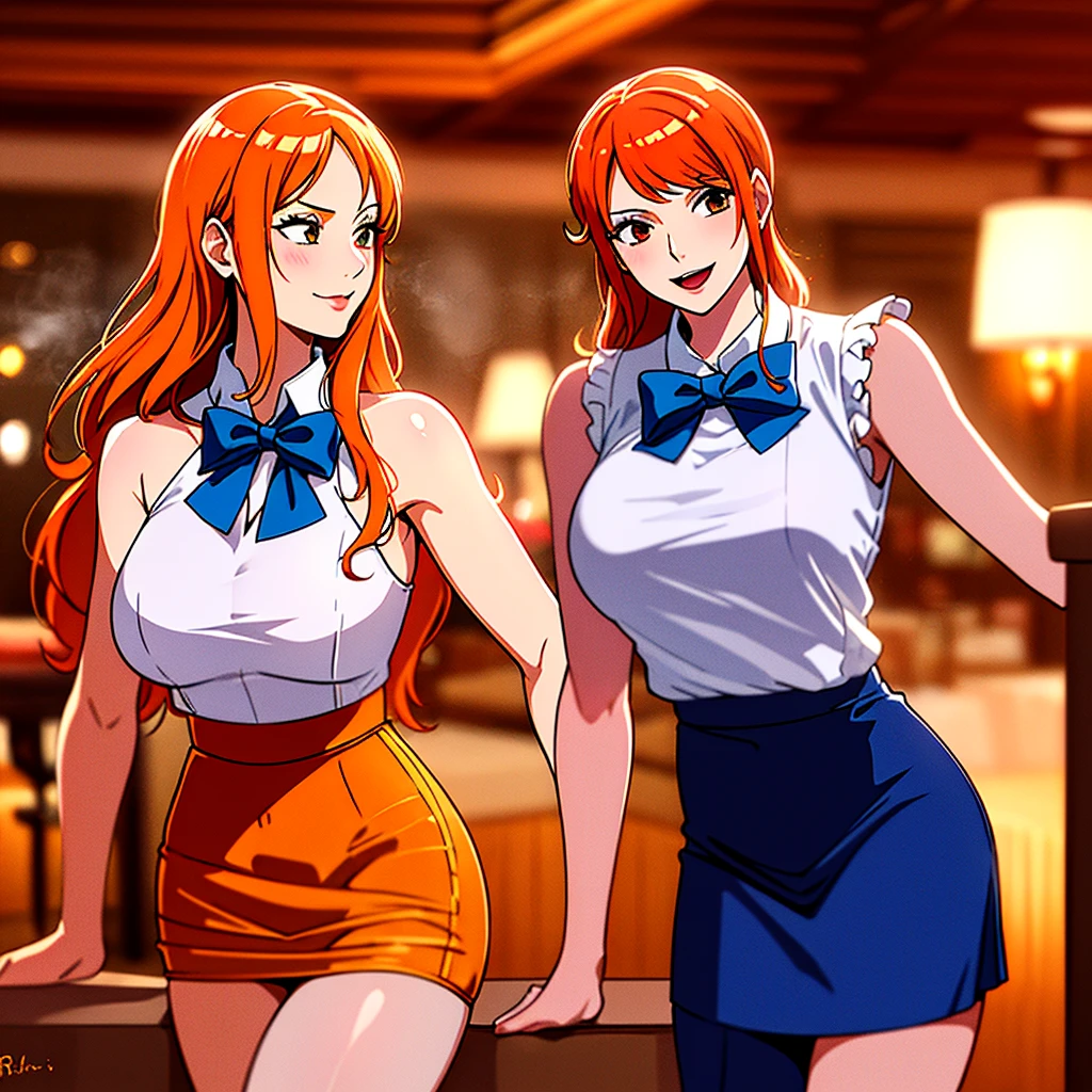 two sexy bubbly and cheerful women in kindergarten teachers outfits, kneeling, short curly orange and white hair, flirtatious smiles, looking at camera, view from above