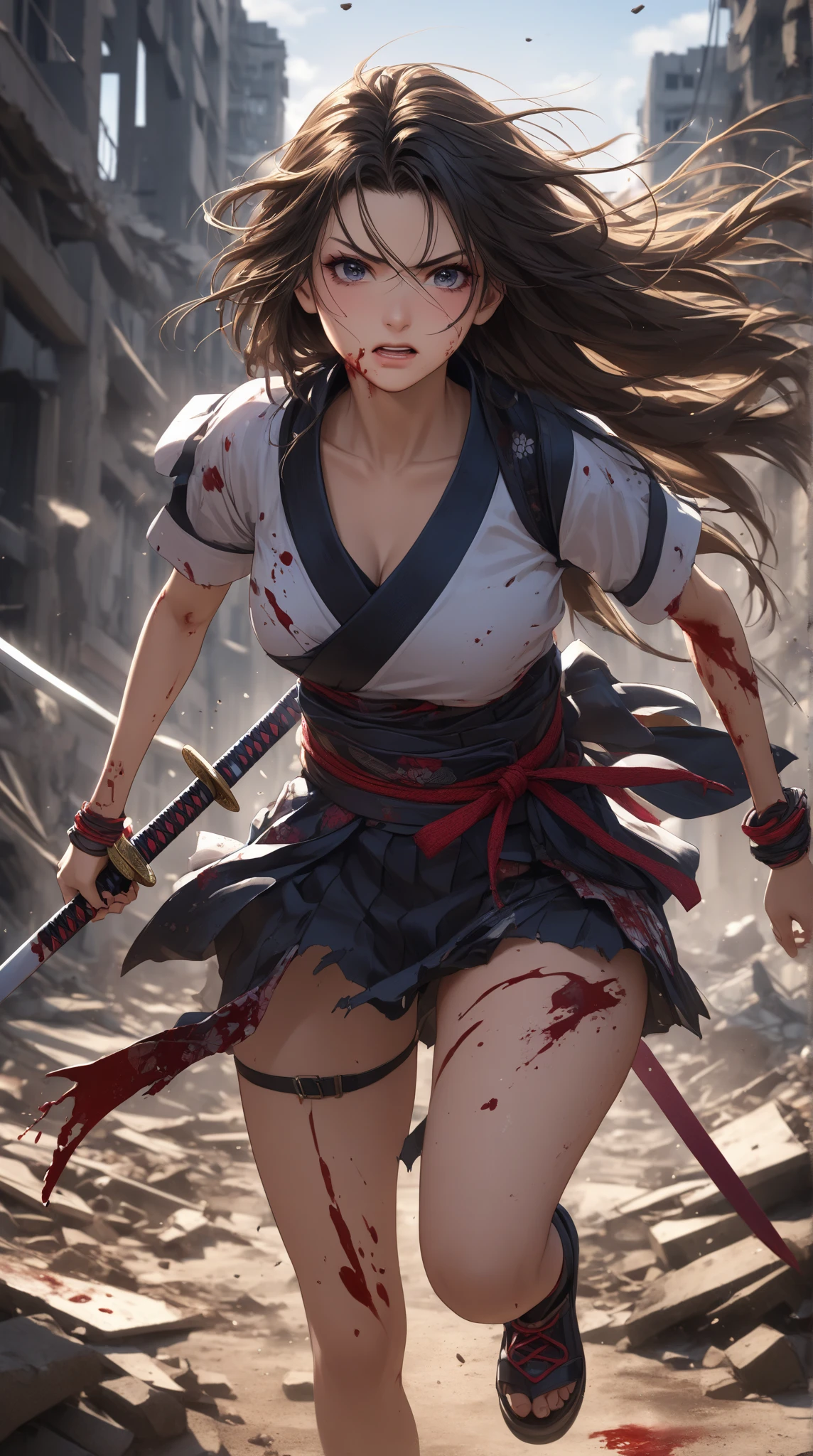 top-quality、Top image quality、masutepiece、teens girl((18year old、white sears mini dress(Torn to the brim、Wet)、Black armor only on the shoulders、bust 80、Radiant hair、short-hair、Breasts wide open、Dignified、White beret、Black knee socks、Condescending gaze、Full of wounds all over the body、Bloody all over the body、She is holding the hilt of a Japanese sword with her right hand、She has her crotch wide open(Keeping your butt on the ground、Kneeling)、Holding a rifle in his left hand)）hiquality、Background with((World of Japan、Destroyed cityscape))、gorgeous colors、Angle looking up from below、dynamic motion