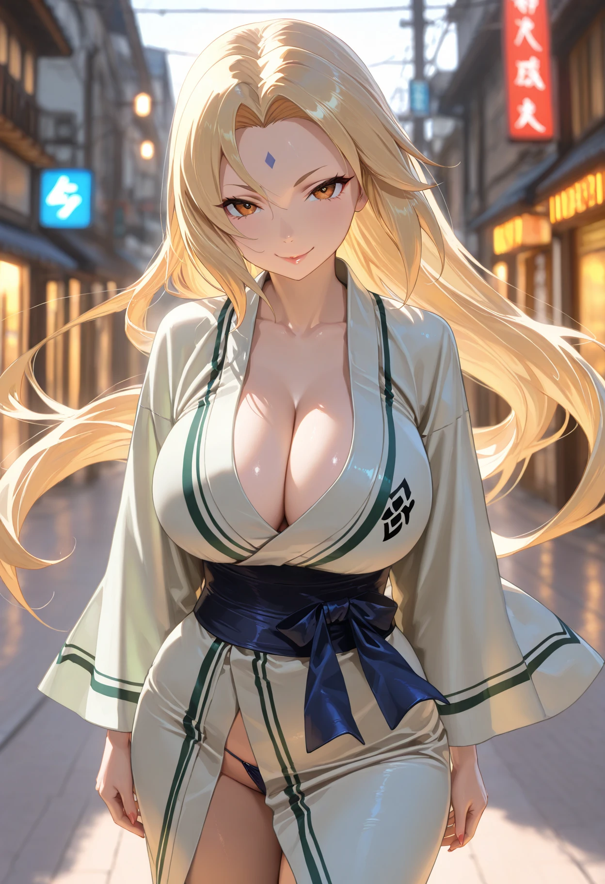 masterpiece, best quality, highres, lucy heartfilia, blonde hair, long hair, large breasts,yukata,cowboy shot, standing, looking at viewer, , outdoor, summer festival, blush, shy, smile, show teeth, stocking,