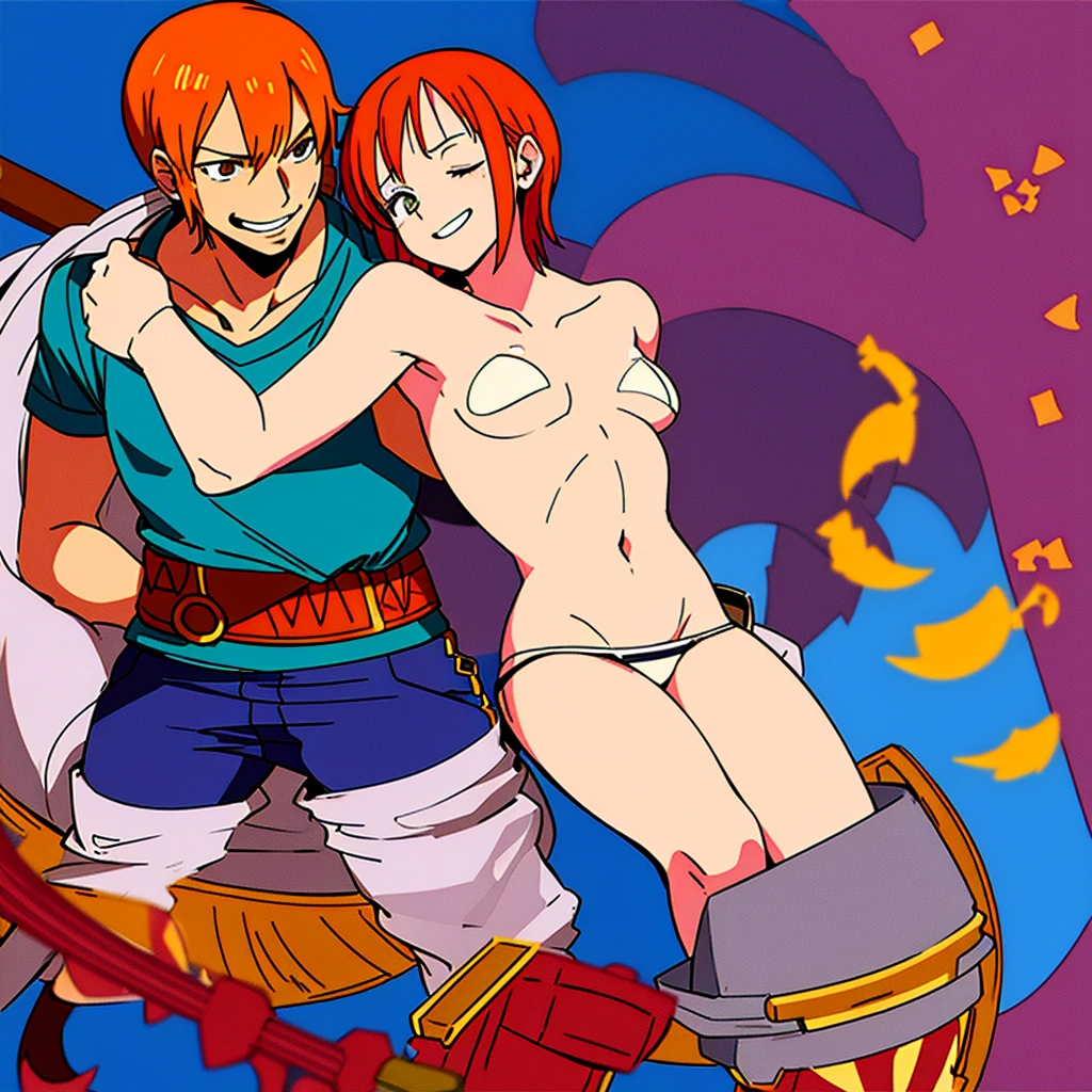 (2girls, duo, twins, clones) Nami from one piece, very light orange and yellowish haired girl,beautiful brown eyes, blushing cheeks, big breasts, large size , fully nude, no clothes 8k, milk stains on face, wet body, wet sperm on her face, blushing, bangle on wrist, no extra or missing fingers or limbs, naked, no clothing, no shirt or pants or swimwear, wearing nothing, showing vagina with an anime penis inserted, 2 girls kissing ,swapping spit, close up side view of Two lesbian women making out passionately, lips touching, hugging tight, sitting on lap, same lighting for both girls matching environment, both girls looking at each other making eye contact,