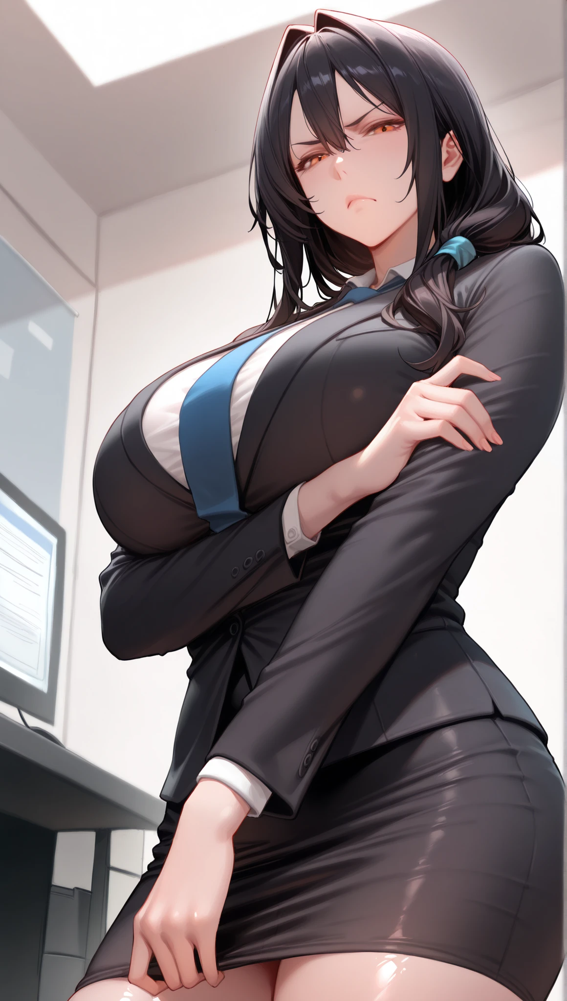 tall woman, DESK lady, long brown hair, braid, greeneyes, Birthmark under one eye, gigantic breastss, black DESK suit, overskirt, Stockings, small smiling, DESK, best qualityer, work of art,
